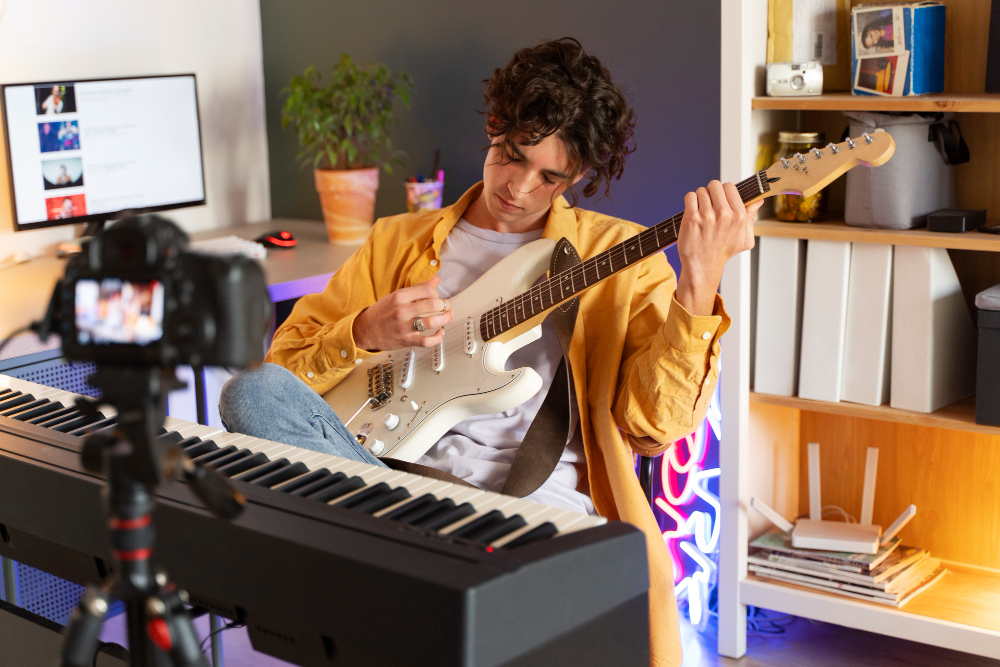 adolescente tocando guitarra casa plano medio